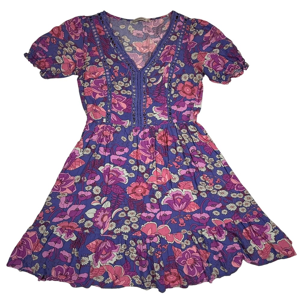 Rusttydustty Floral Print V‎ Neck Short Sleeve Ruffle Hem Dress Women Size S